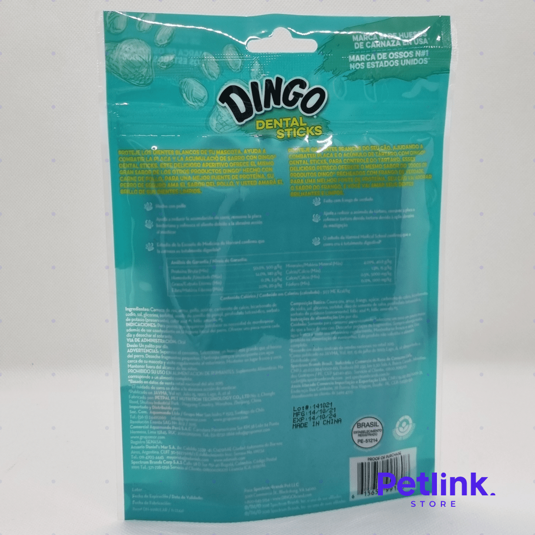 DINGO SNACK CARNAZA DENTAL STICKS PARA PERROS SABOR POLLO PAQUETE 10 UNIDADES