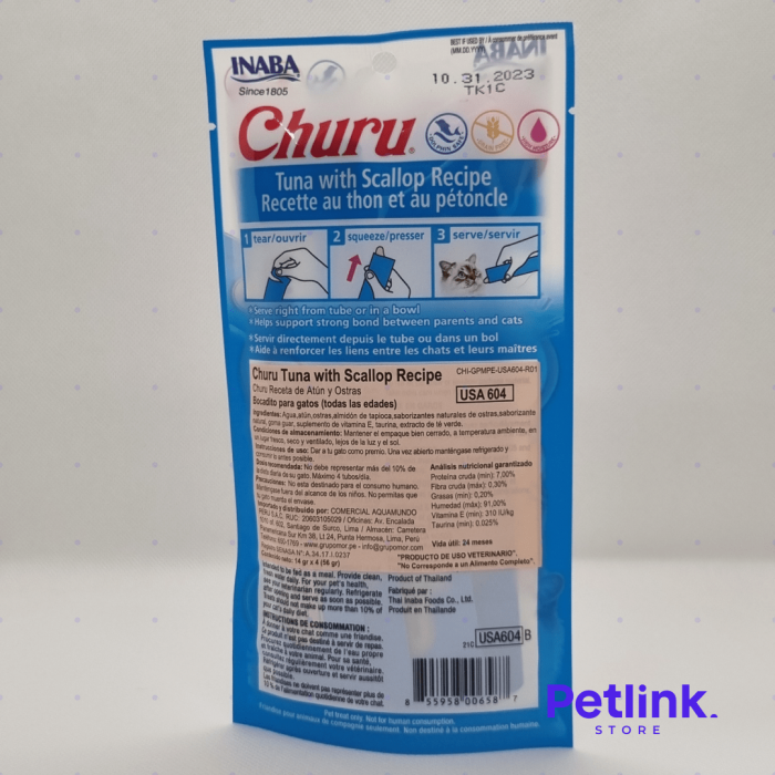 CHURU SNACK HUMEDO PARA GATOS SABOR ATUN CON CONCHAS DE ABANICO