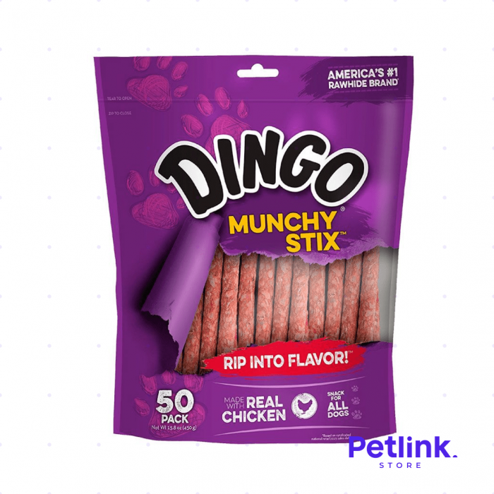 DINGO SNACK CARNAZA MUNCHY STIX PARA PERROS SABOR POLLO PAQUETE 50 UNIDADES