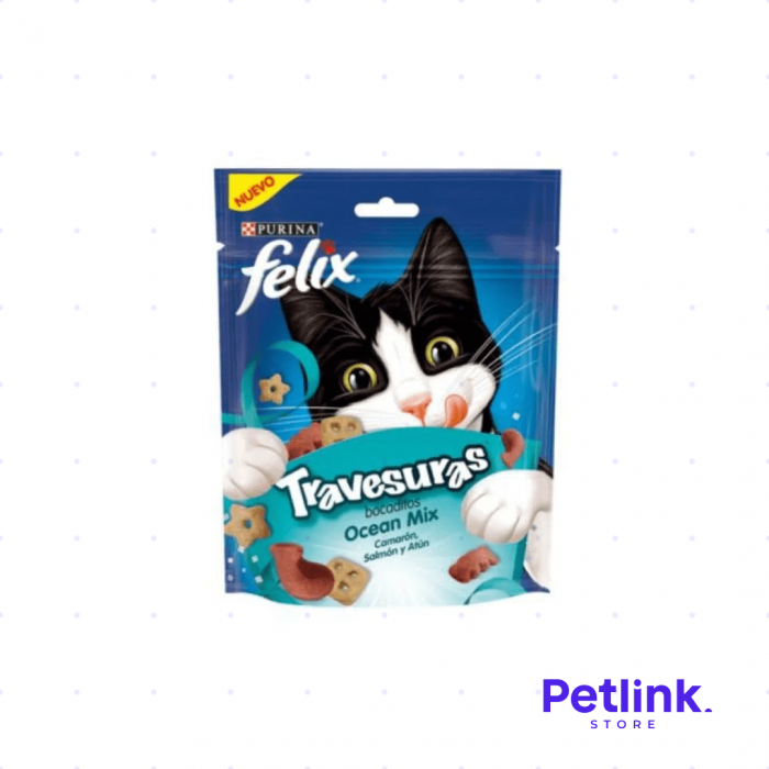 FELIX TRAVESURAS OCEAN MIX SNACK SECO PARA GATOS SABOR CAMARON, SALMON Y ATUN PAQUETE 60 GRAMOS