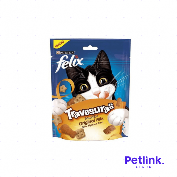 FELIX TRAVESURAS ORIGINAL MIX SNACK SECO PARA GATOS SABOR POLLO, HIGADO Y PAVO PAQUETE 60 GRAMOS