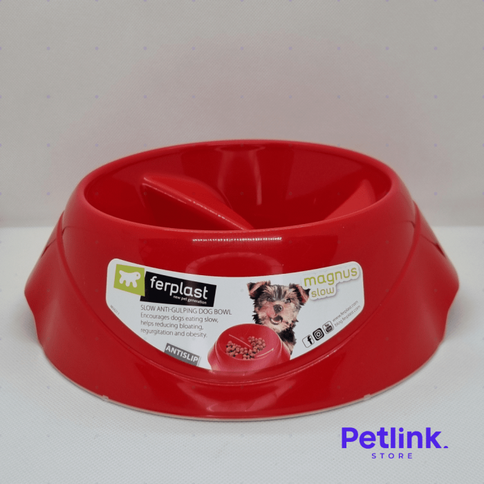 FERPLAST PLATO COMEDERO ANTIVORACIDAD ANTIDESLIZANTE PARA PERROS RAZA MEDIANA MODELO MAGNUS SLOW COLOR ROJO DE 1000ML