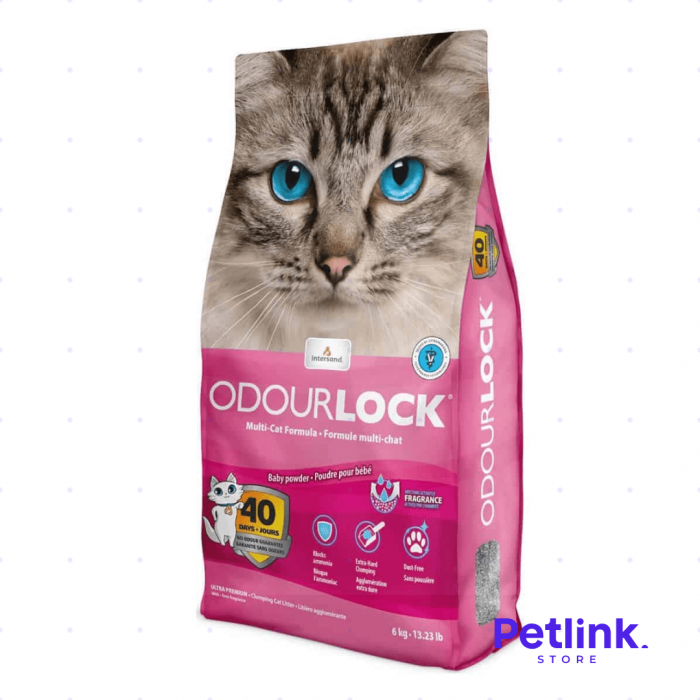 INTERSAND ODOUR LOCK ARENA PARA GATO CON BLOQUEO DE OLOR AROMA TALCO DE BEBE BOLSA 6 KILOS