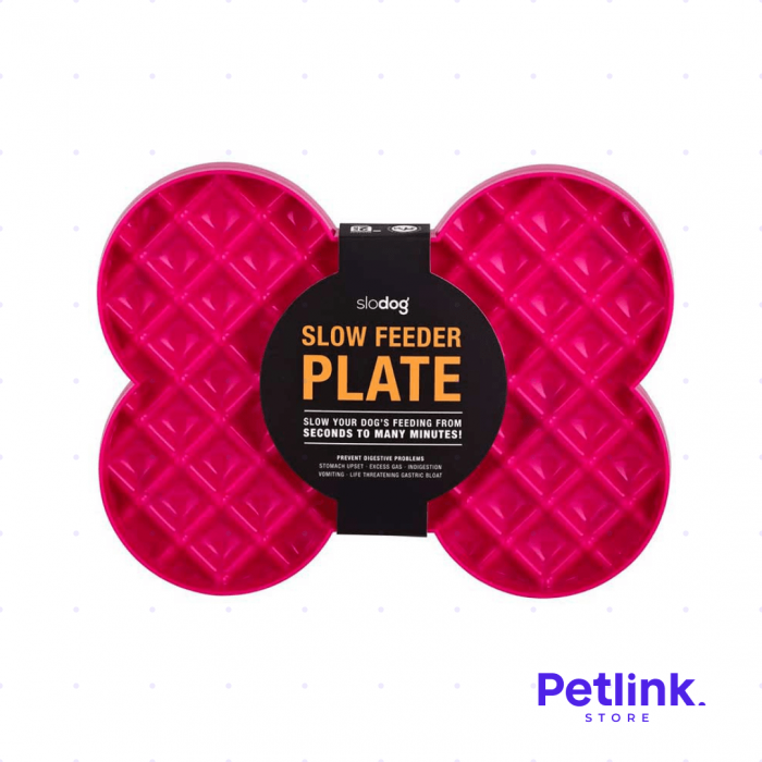 LICKIMAT PLATO ALIMENTADOR LENTO PARA PERROS MODELO SLODOG DISENO HUESO COLOR ROSADO