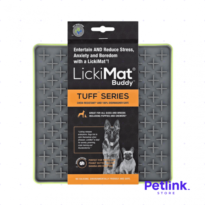 LICKIMAT PLATO ALIMENTADOR LENTO PARA PERROS MODELO BUDDY TUFF SERIES COLOR VERDE CON GRIS