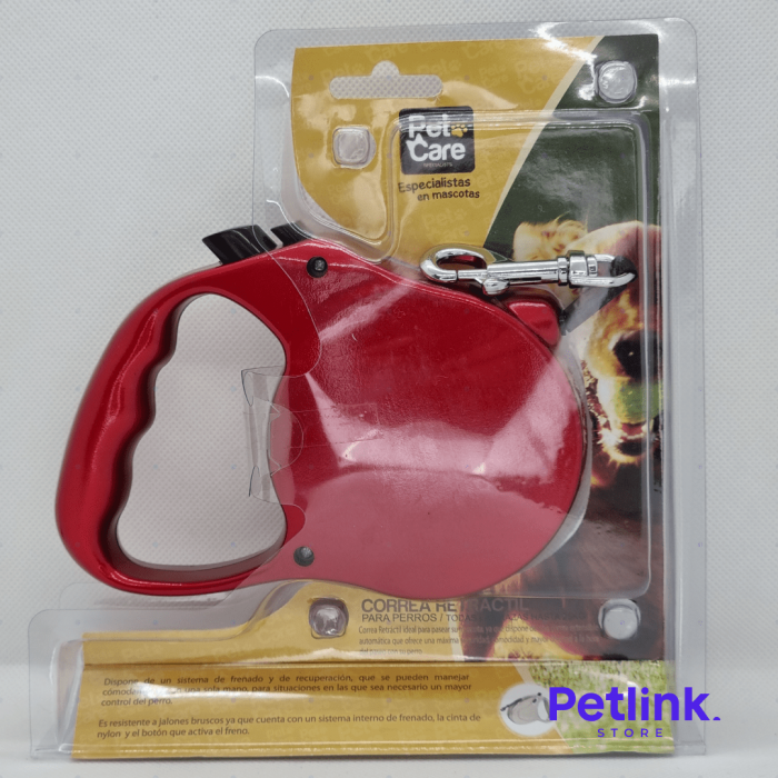 PETCARE CORREA RETRACTIL CON SISTEMA DE FRENADO PARA PERRO TODAS LAS RAZAS HASTA 25KG COLOR ROJO