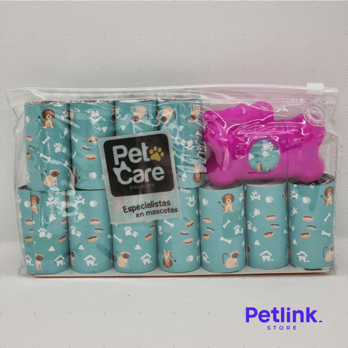 PETCARE BOLSAS BIODEGRADABLES PARA RESIDUOS DE PERRO PACK 120 BOLSAS (12 ROLLOS X 10 BOLSAS) + SURTIDOR DISPENSADOR