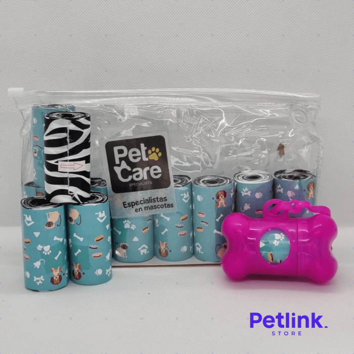 PETCARE BOLSAS BIODEGRADABLES PARA RESIDUOS DE PERRO PACK 120 BOLSAS (12 ROLLOS X 10 BOLSAS) + SURTIDOR DISPENSADOR